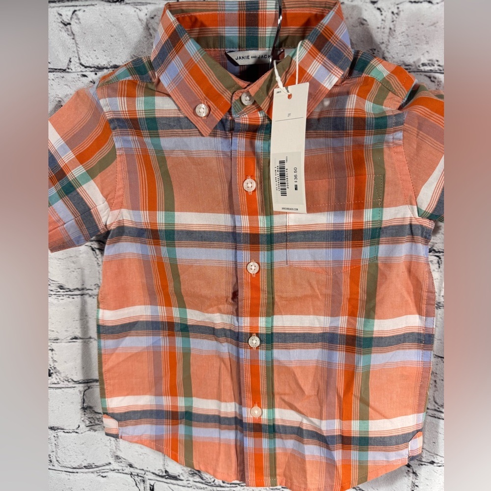 Janie And Jack Orange Plaid Button Up NWT